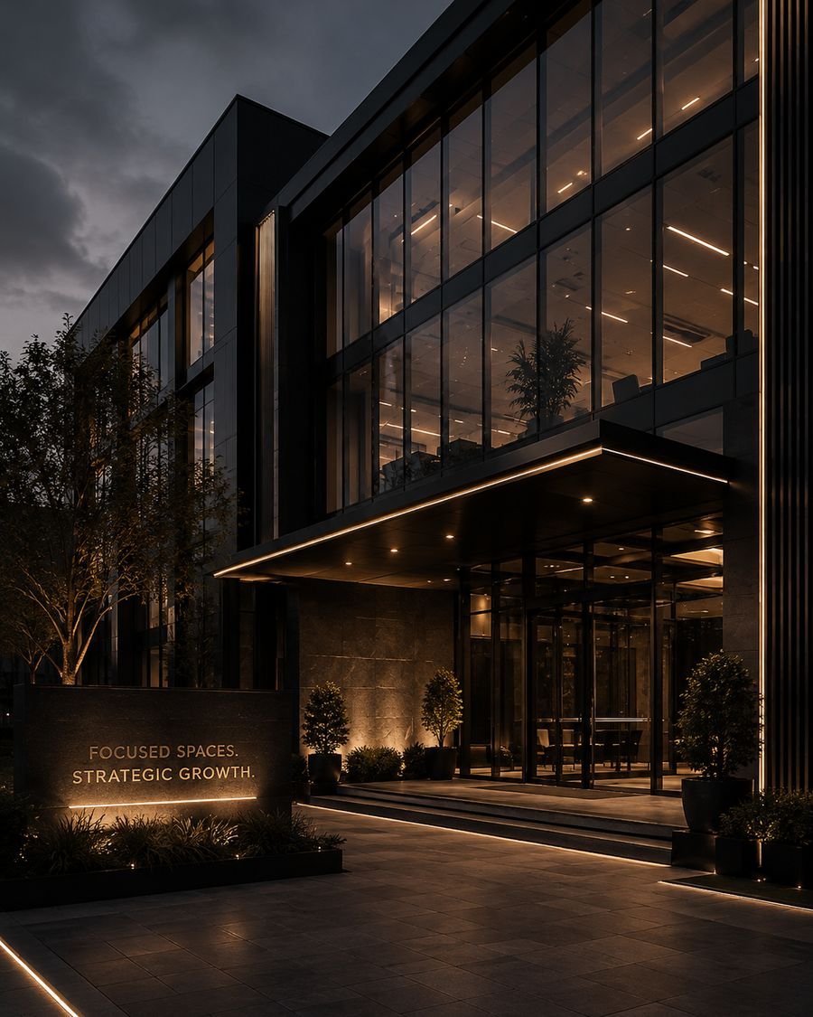 Contemporary Dubai commercial building at dusk