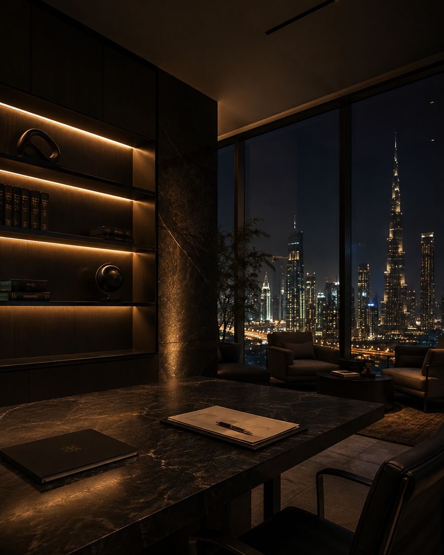 Dubai skyline with Burj Khalifa viewed from a private office